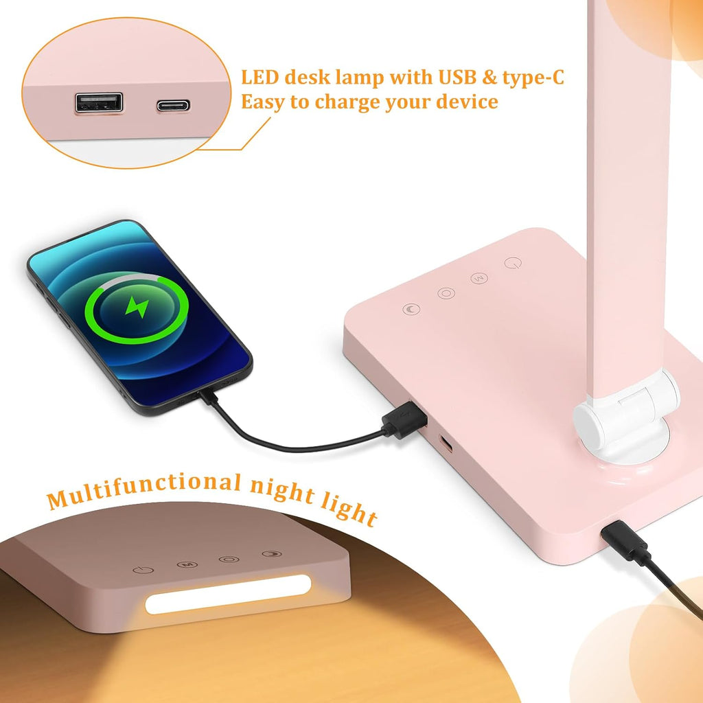 LED Desk Lamp with USB Ports, Touch Desk Lamps for Home Office with 5 Color Modes,3 Brightness Desk Light with Small Night Light, Reading…