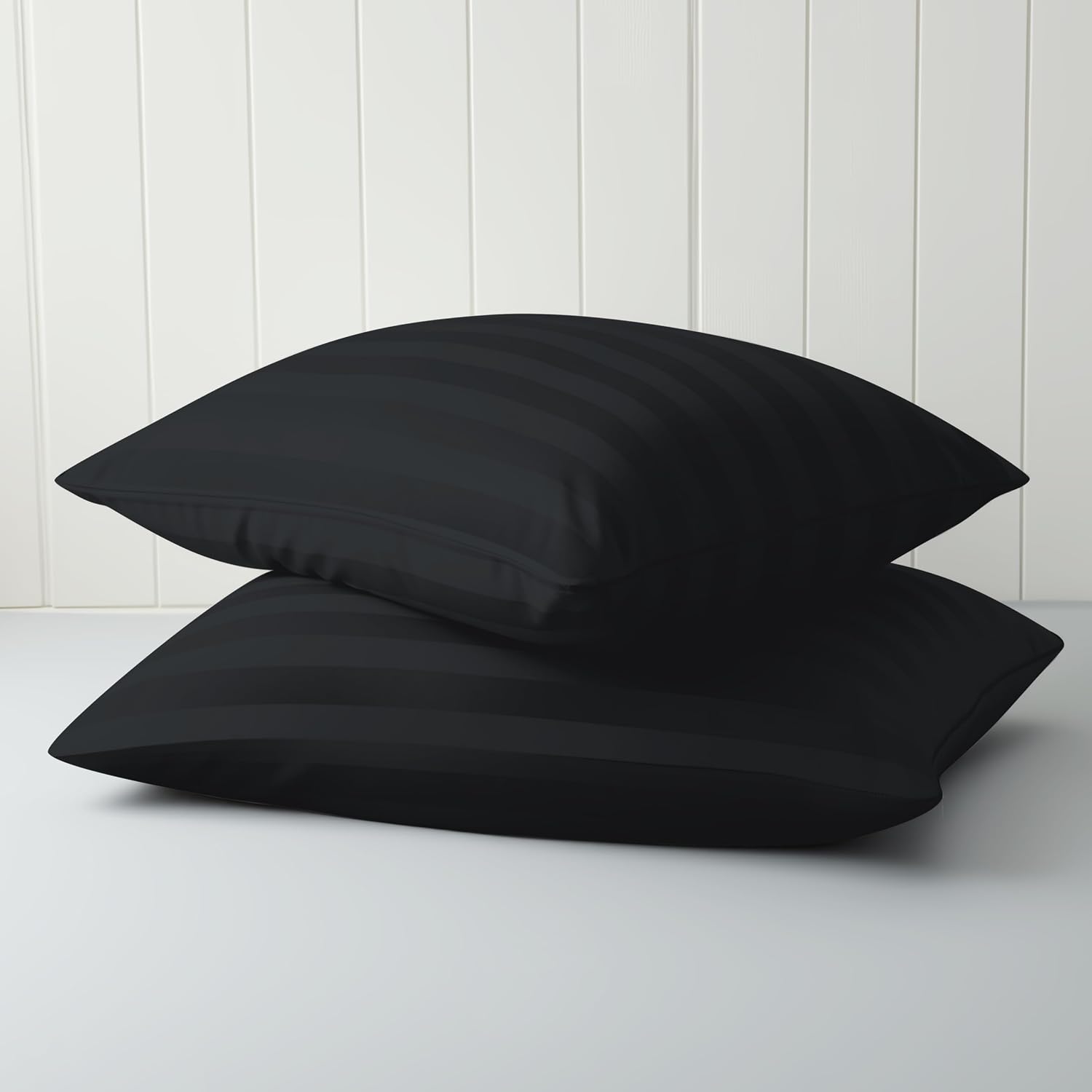 ZaizaiHome Pillow Cases Queen Size, 100% Egyptian Cotton Pillow Protectors with Zipper, 400 Thread Count Sateen Weave Black Stripe Pillowca…