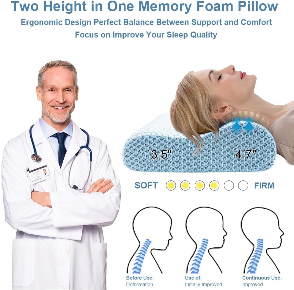 AnvoHome Anvo Memory Foam Pillow, Neck Contour Cervical Orthopedic Bed Pillow for Sleeping Side Back Stomach Sleeper, Ergonomic Design for…