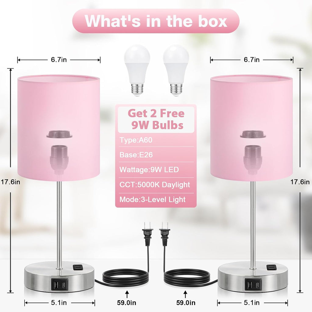 Fenmzeelighting Pink Touch Lamps for Nightstand Set of 2 - Bedside Table Lamp for Bedroom with Dual USB Ports & AC Outlet, 3-Way Dimmable L…