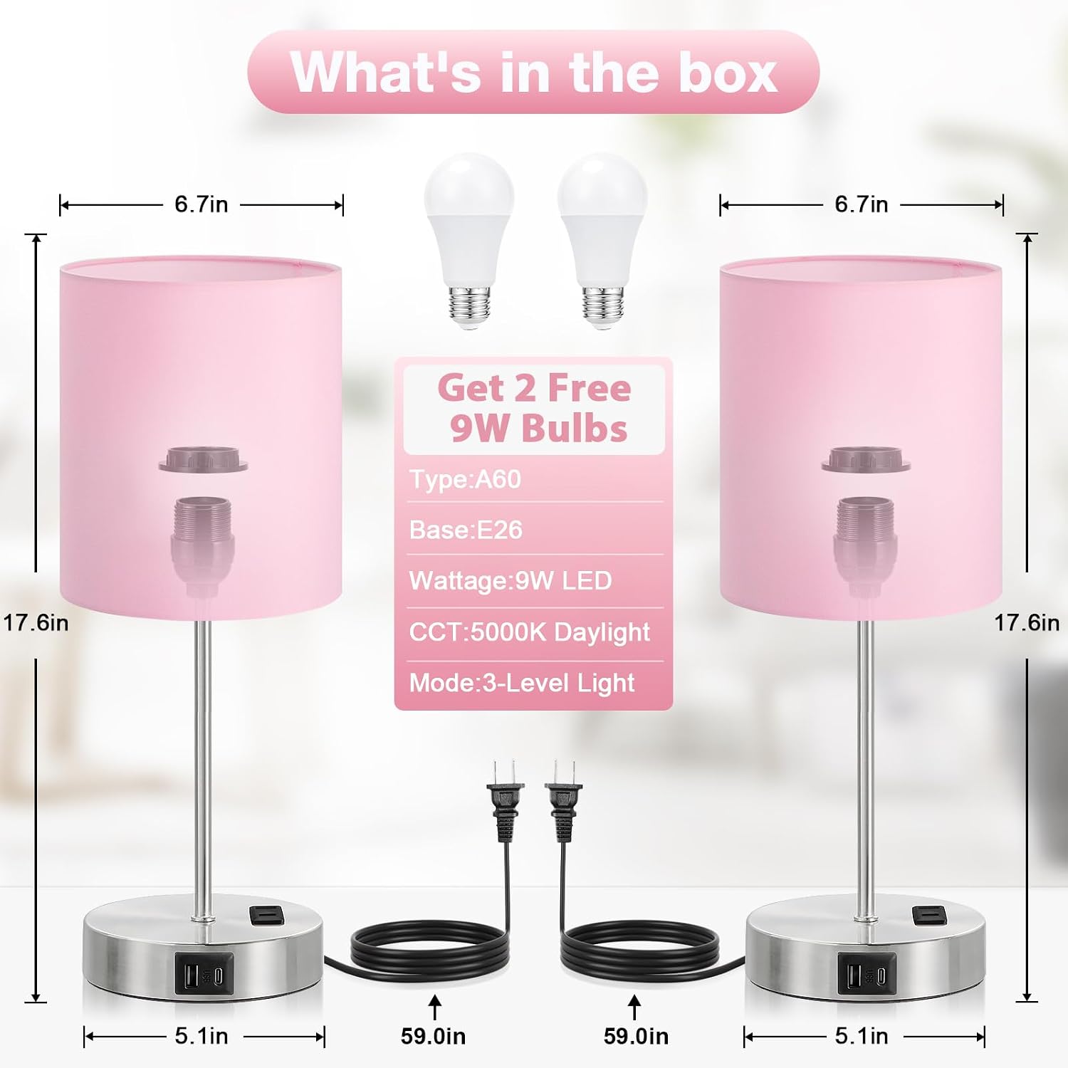 Fenmzeelighting Pink Touch Lamps for Nightstand Set of 2 - Bedside Table Lamp for Bedroom with Dual USB Ports & AC Outlet, 3-Way Dimmable L…