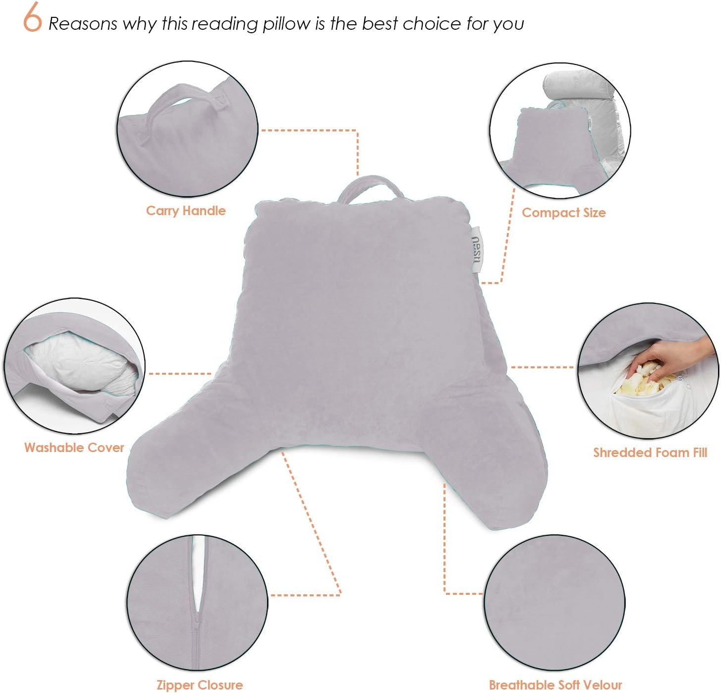 Nestl Reading Pillow with Shredded Memory Foam, Designed for Sitting Up in Bed and Couch, Back and Arms Adjustable Support for Adult &…