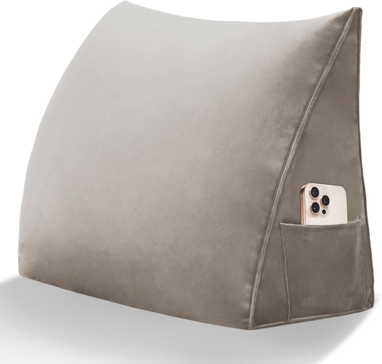 Wedge Headboard Pillow Reading Backrest Pillow for Sitting in Bed Sofa Dorm with Removable Cover Side Pockets Dutch Velvet Fabric Camel