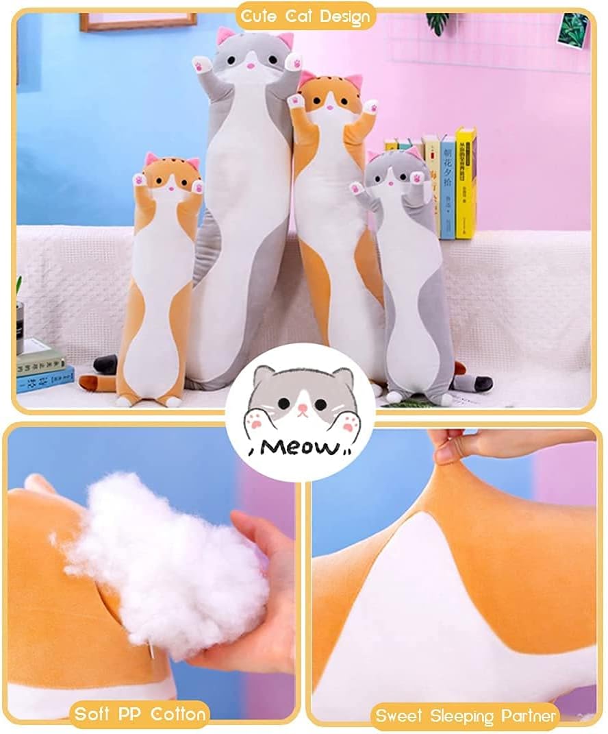 Oeonuas Cute Cat Plush Long Body Pillow Cuddle Cartoon Stuffed Animals Cat Plushie Soft Doll Pillows Gifts for Kids Girls (Gray, 51 Inches)…