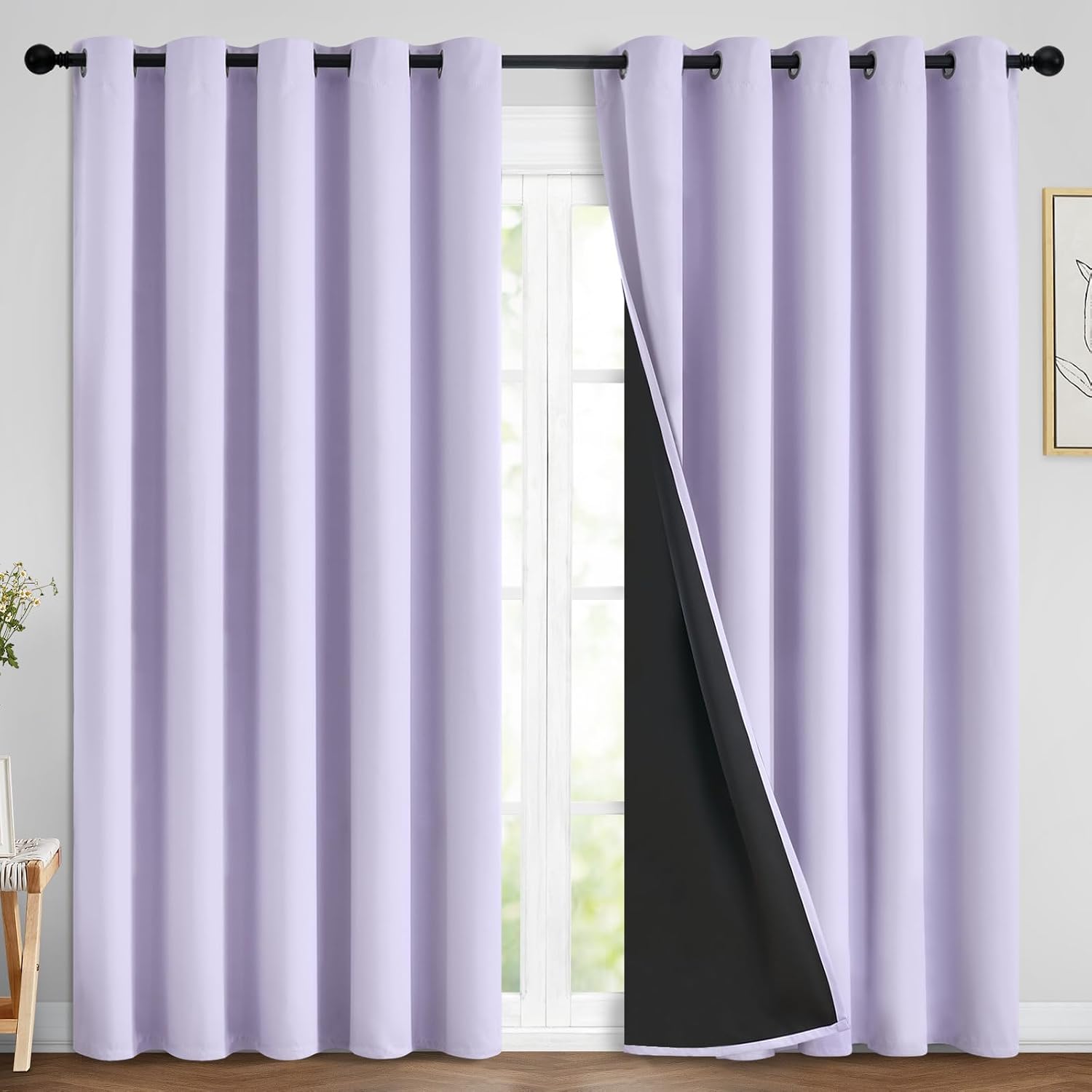 Yakamok 2 Thick Layers 100% Completely Blackout Window Curtains, Thermal Insulated Noise Reducing Drapes for Girl's Bedroom(70Wx84L, Lilac,…