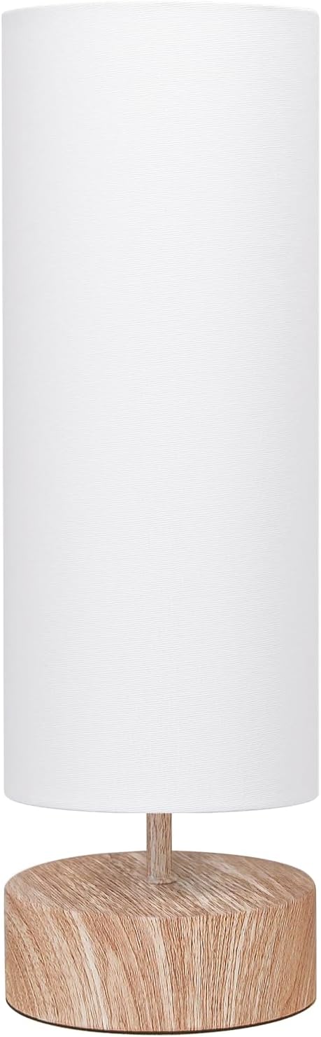 Touch Table Lamp with Metal Base Covered with Wood Grain, 3 Way Dimmable Bedside Nightstand Lamp with White Shade, Simple Night Light for…