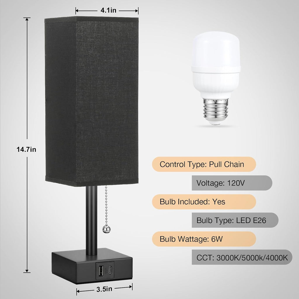 Aooshine Black Small Table Lamp for Bedroom - 3 Color Temperature 3000K 5000K 4000K Bedside Lamp, Pull Chain Control, USB A and C Charging…