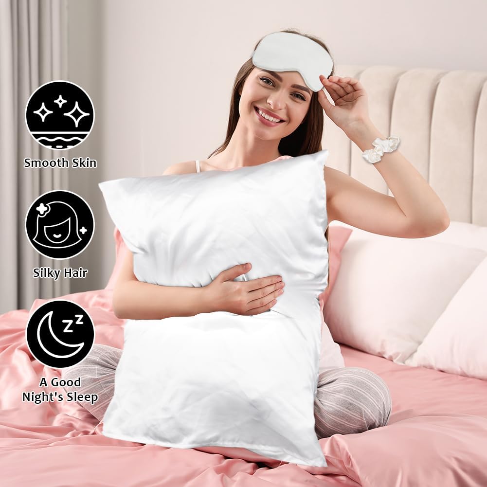 Auauy 2 Pack Satin Silk Pillowcase, 15.75x31.50inches Silk Pillowcases for Hair and Skin with 2PCS Satin Hair Scrunchies&Eye Mask, Soft Sli…
