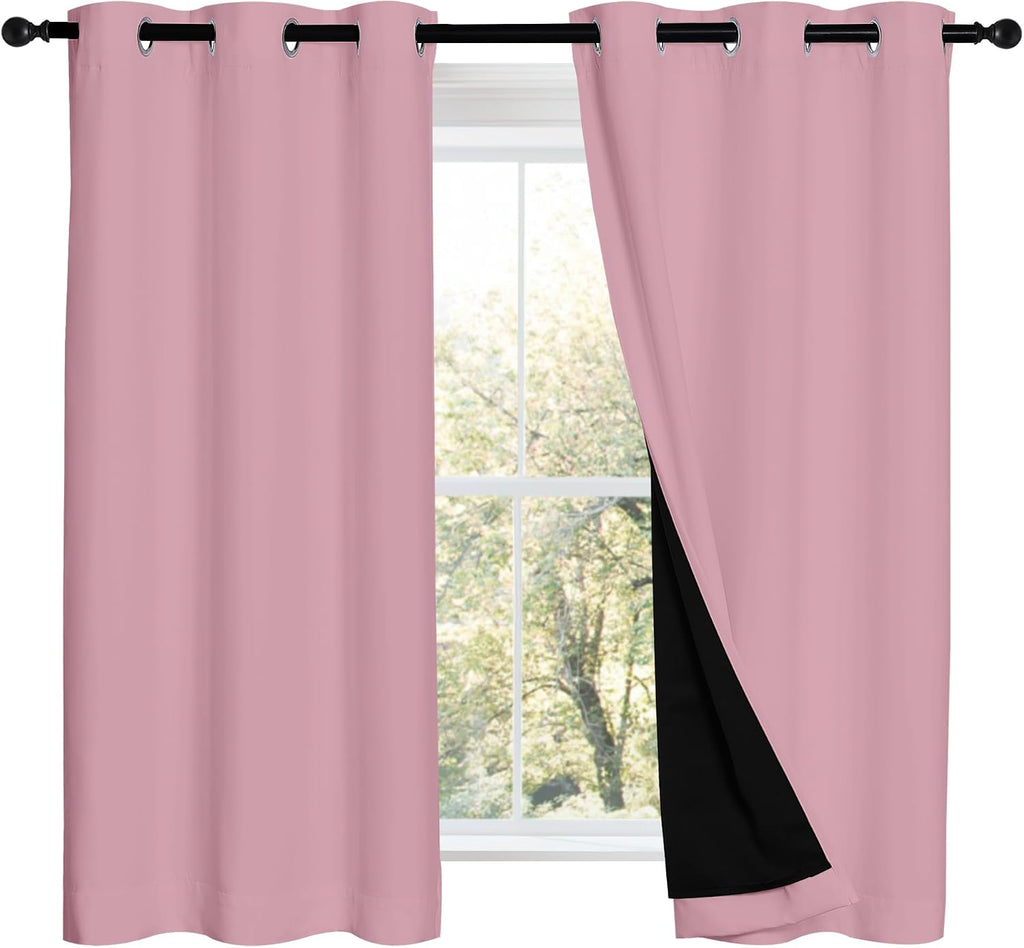 Nicetown 100% Blackout Short Curtains with Black Liners, 2 Panels, 37" W by 50" L, Crystal Pink, Thermal Insulated Full Blackout 2-Layer Li…