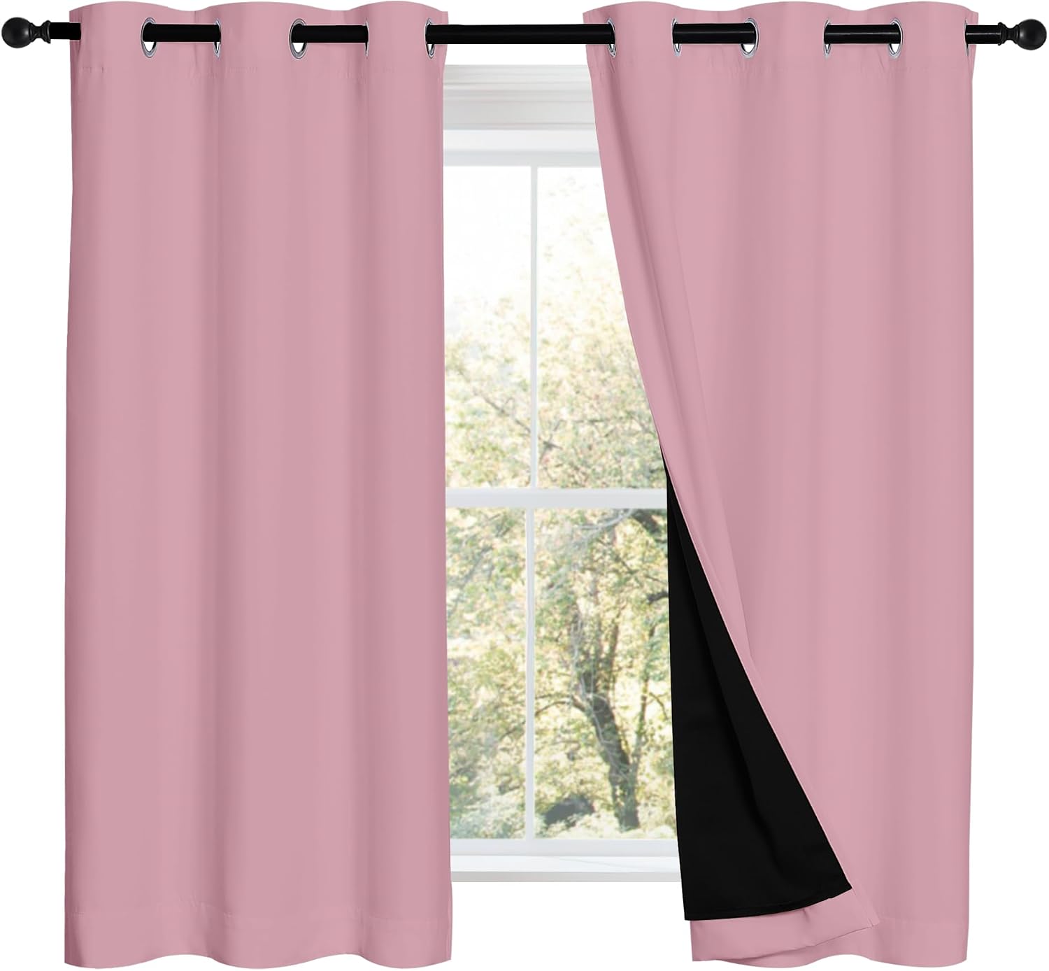 Nicetown 100% Blackout Short Curtains with Black Liners, 2 Panels, 37" W by 50" L, Crystal Pink, Thermal Insulated Full Blackout 2-Layer Li…