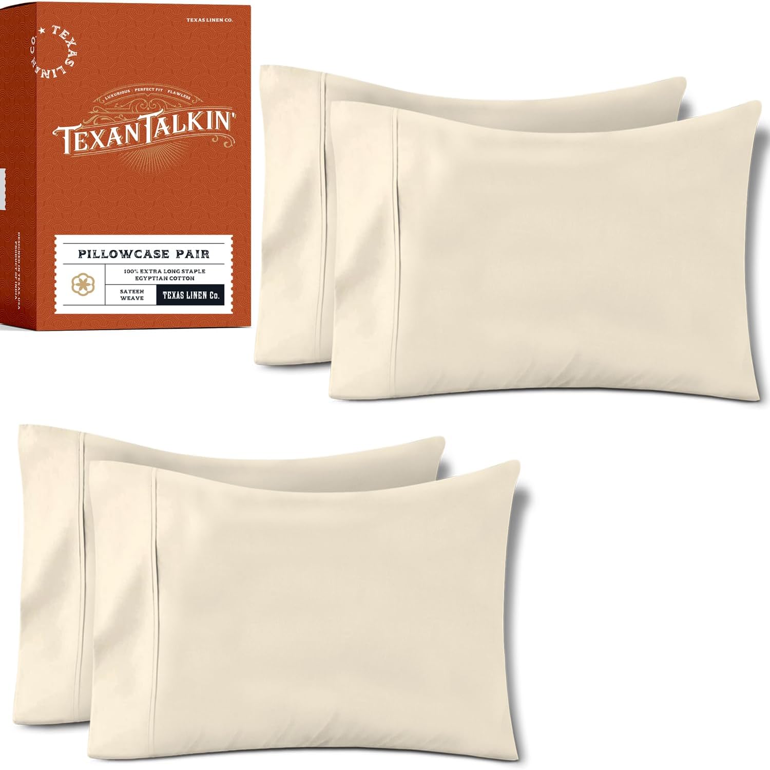 TEXAS LINEN CO. 100% Egyptian Cotton King Pillow Cases Set of 4 - Luxury Texan Talkin' Collection 600 Series Cotton King Pillowcases…