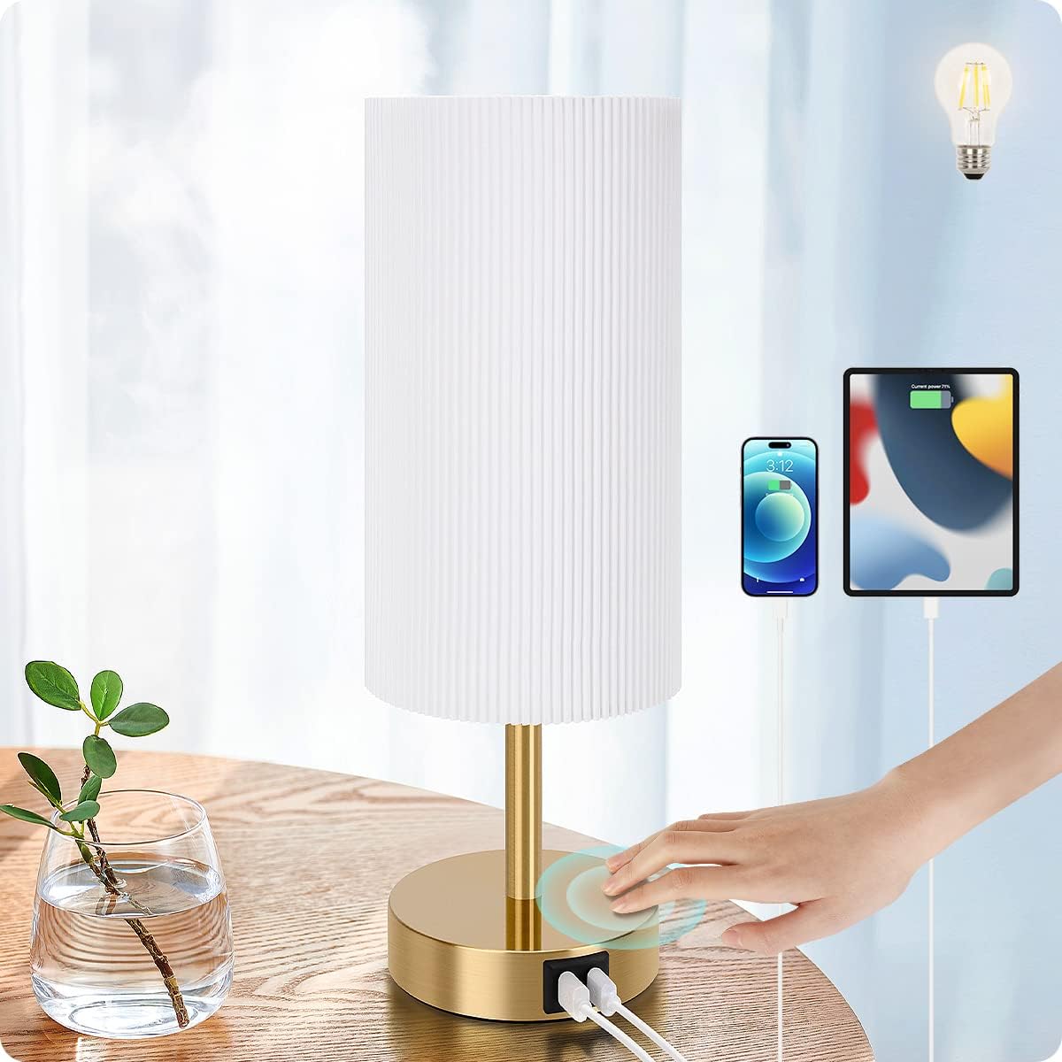 Bedside Lamp with USB port - Touch Control Table Lamp for Bedroom Wood 3 Way Dimmable Nightstand Lamp with Round Pleated Shade for Living…