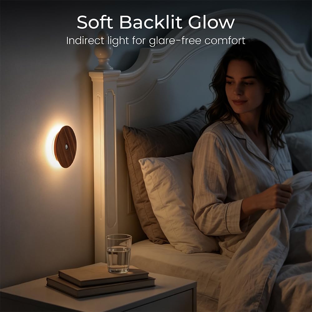 Motion Sensor Night Light Wood Rechargeable Battery Powered Stick-On Step Lights Magnetic Closet Warm Nightlight for Hallway Bedroom…