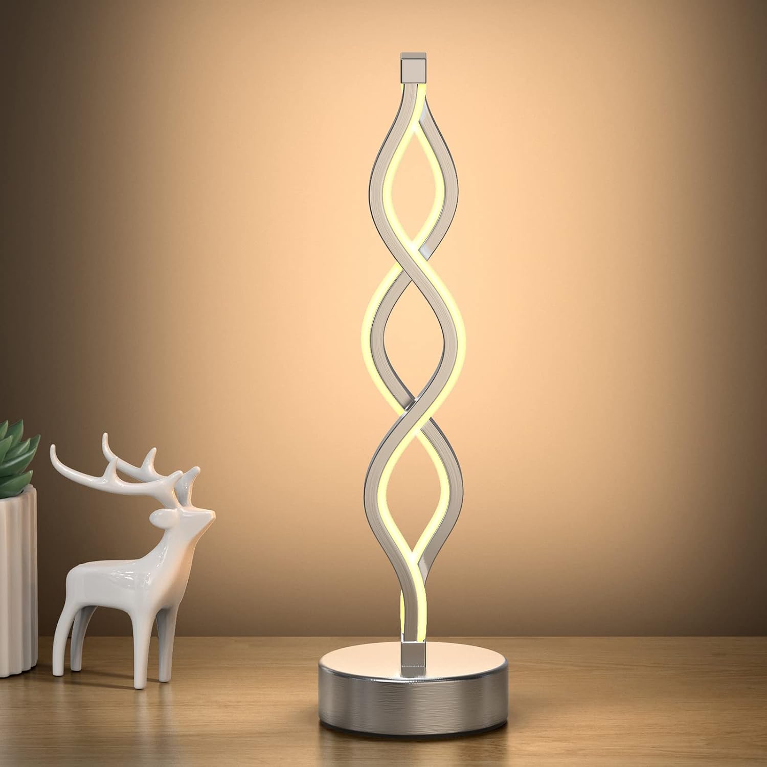NUÜR Infinity Spiral LED Table Lamp Silver, Dimmable Metallic Bedside Lamp with Touch Controller, 3 Colour Temperature, 15.8 Inch Height…