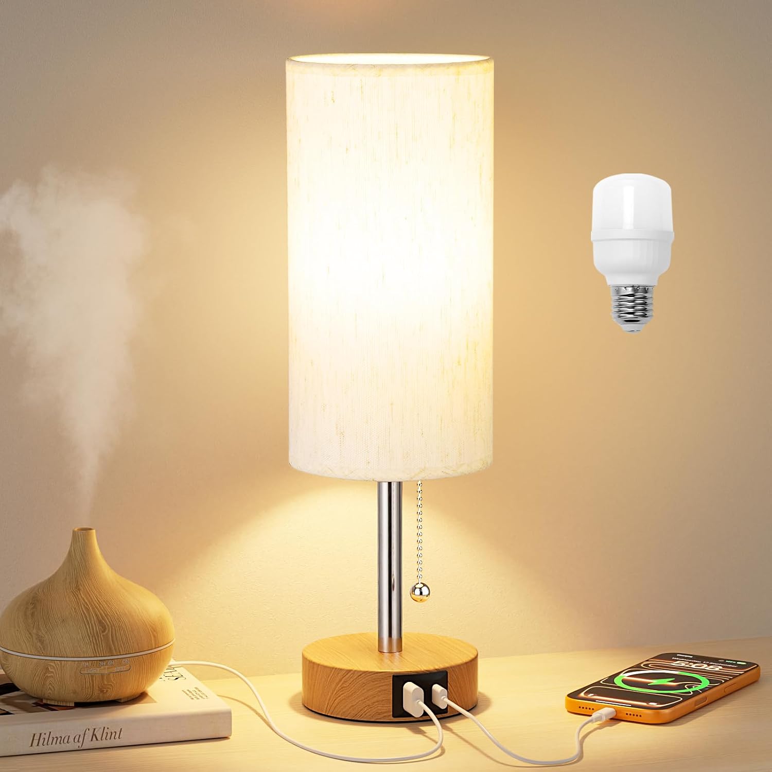 PartageiZ Small Table Lamp for Bedroom Nightstand - Bedside Lamp with USB A + C Charging Port, 3 Color Temperatures Pull Chain Night…