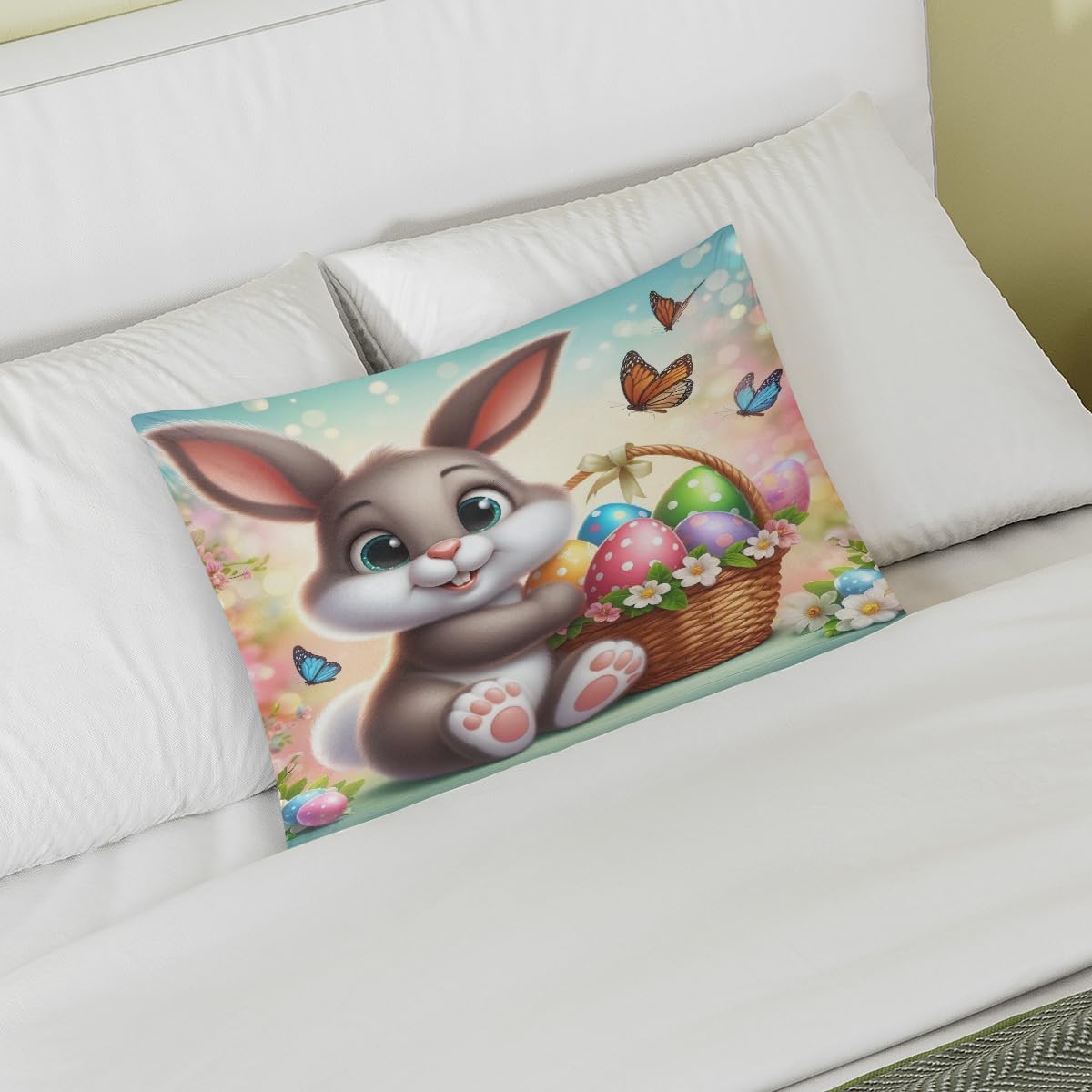 Happy Easter Bunny Satin Silk Pillowcase for Hair and Skin Pillow Cases Standard Size Soft Silk Pillow Case with Envelope Closure Print…