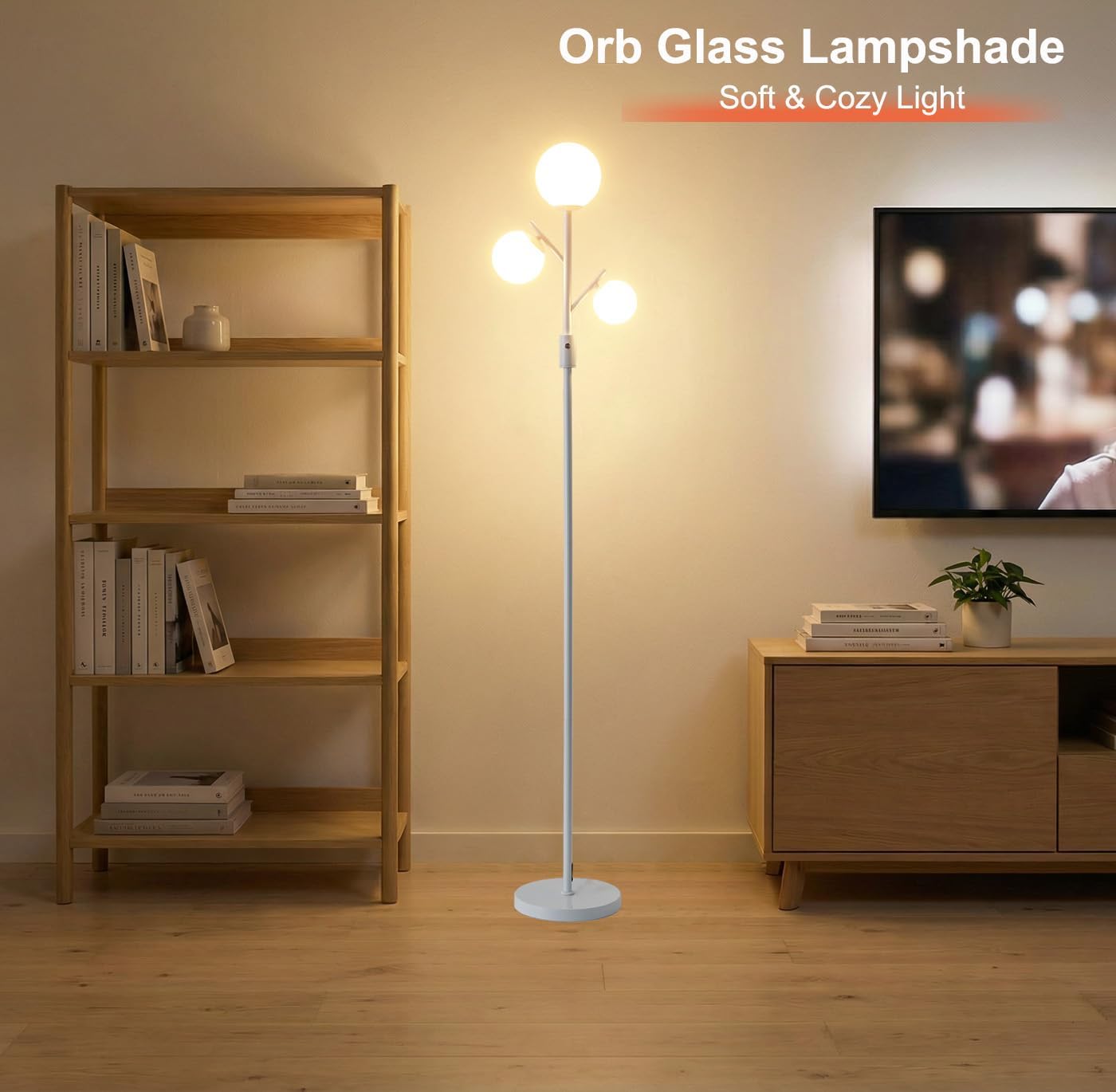 Fiqevs Mid Century Modern 3 Globe Tree Floor Lamp - Dimmable LED Standing Lamp with Bulbs, Warm Light for Living Room Bedroom Office - White