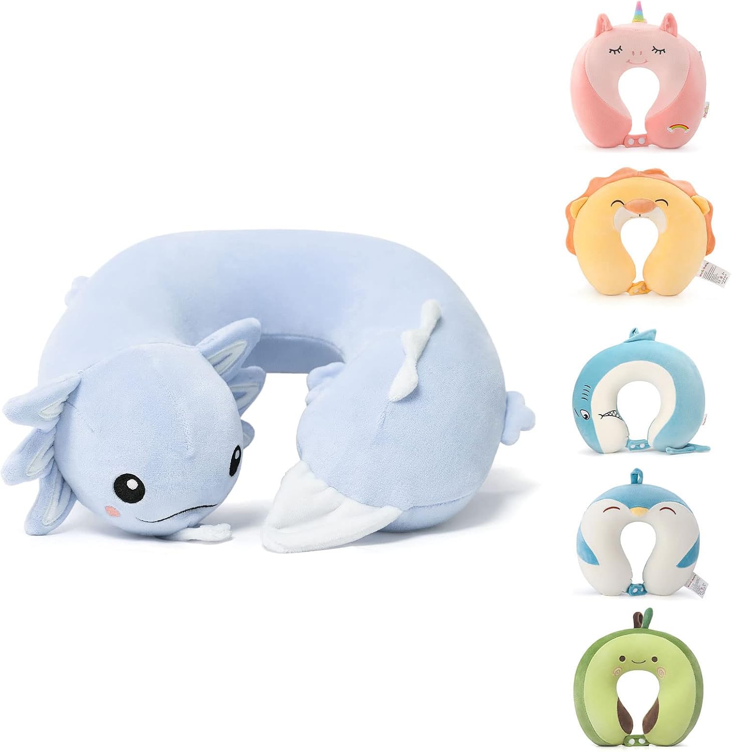 NiuniuDaddy Niuniu Daddy Blue Axolotl Kids Travel Pillow Road Trip Essentials for 3-8 Y/O, Soft Memory Foam Kids Neck Pillow for Airplane C…