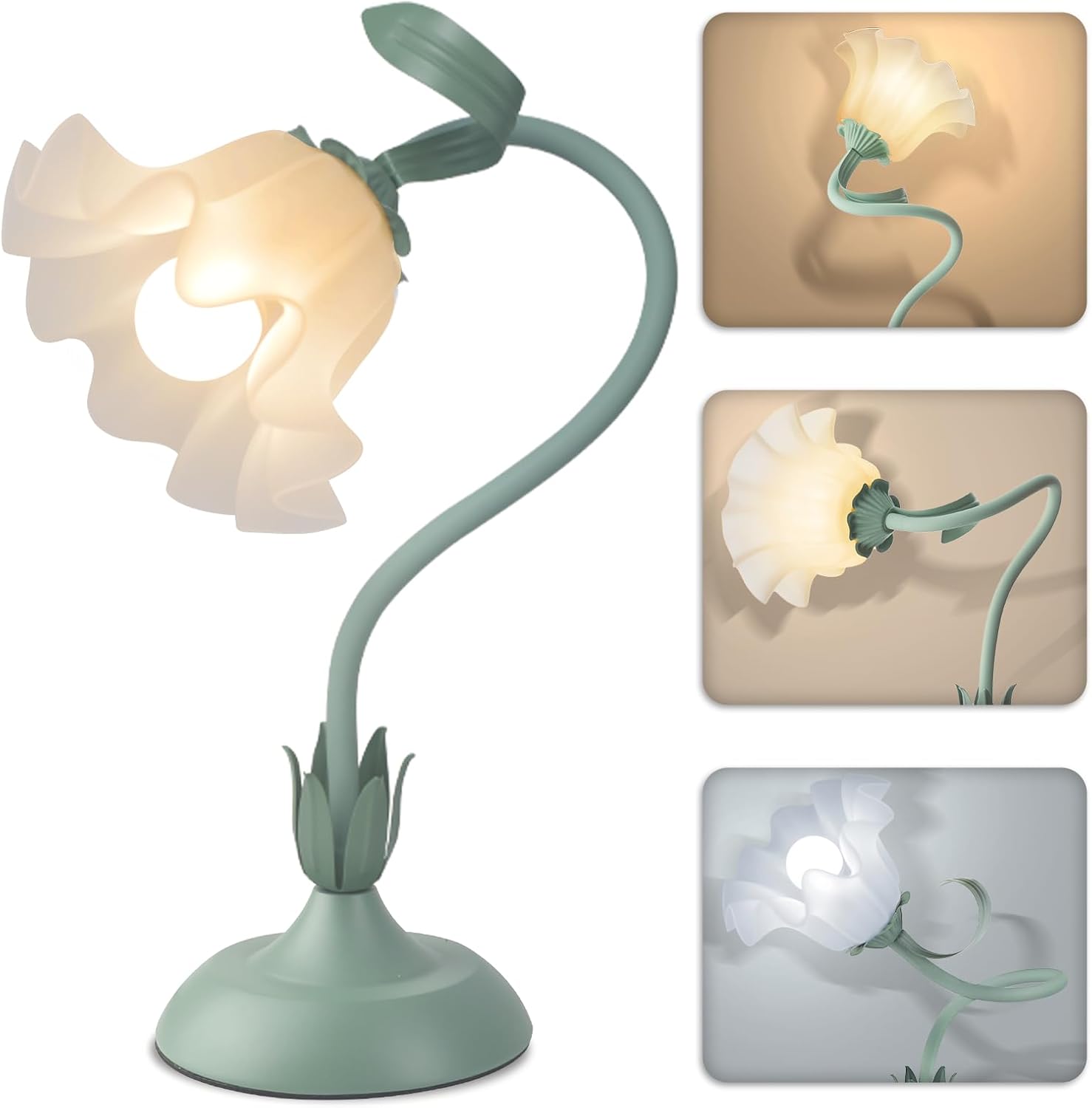 Larnix Women Bedside Table Lamps for Bedroom, Cute Flower Desk Lamp With Adjustable Flexible Gooseneck, 3 Color Temperatures Nightstand Lam…