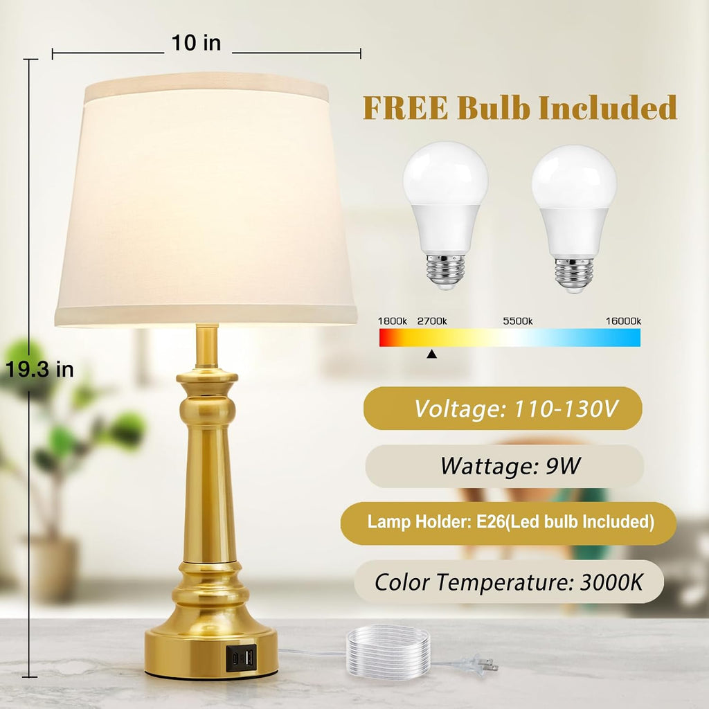 EJIAXIN Touch Lamps for Nightstand Set of 2 - Gold Table Lamp for Bedroom Dimmable Bedside Lamps with USB C+A Ports - Lamps for Night…
