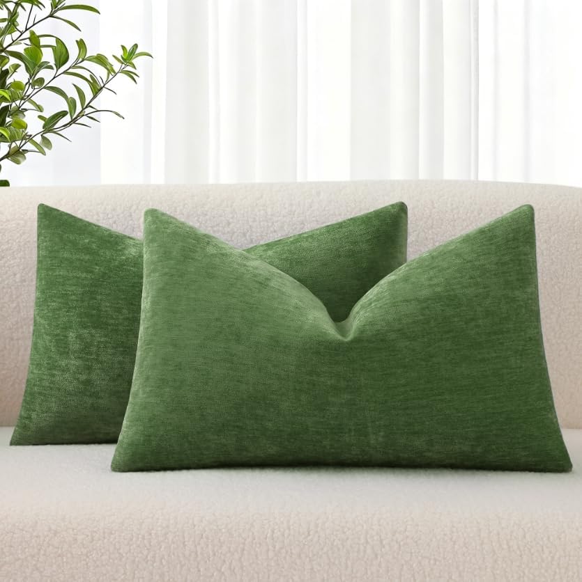decorUhome Chenille Moss Green Throw Pillow Covers 12x20 Inch Set of 2, Decorative Soft Couch Pillow Covers Solid Dyed Accent Farmhouse Neu…