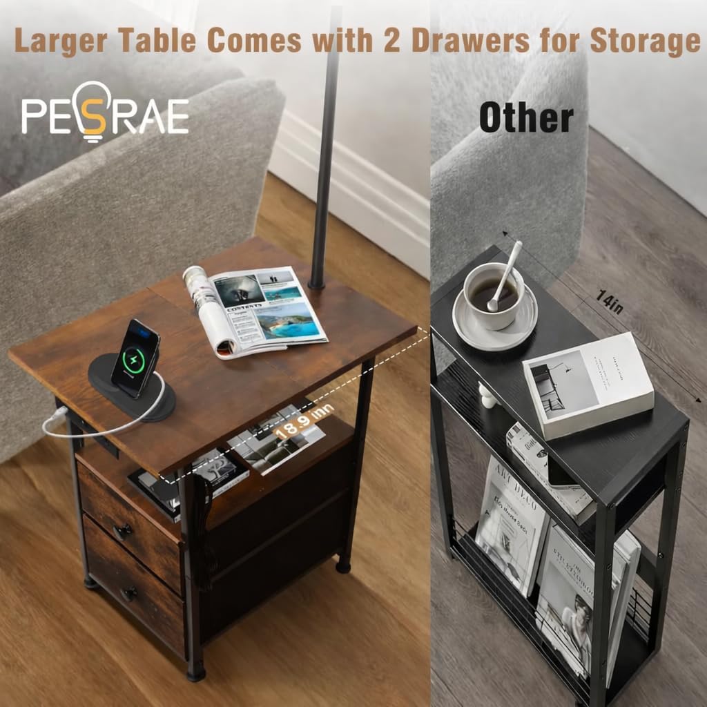 PESRAE Floor Lamp with Table & 2 Drawers, End Table with 3 Color Temperature Reading Light, Side Table Lamp with USB & Type C & AC…