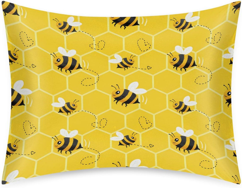 Satin Pillowcase for Hair and Skin, Standard Size Yellow Honeycomb Bee Pattern Decorative Pillow Sham with Envelope Closure Pillow Cover…