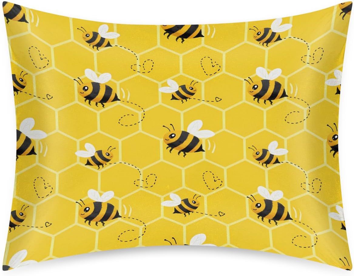 Satin Pillowcase for Hair and Skin, Standard Size Yellow Honeycomb Bee Pattern Decorative Pillow Sham with Envelope Closure Pillow Cover…