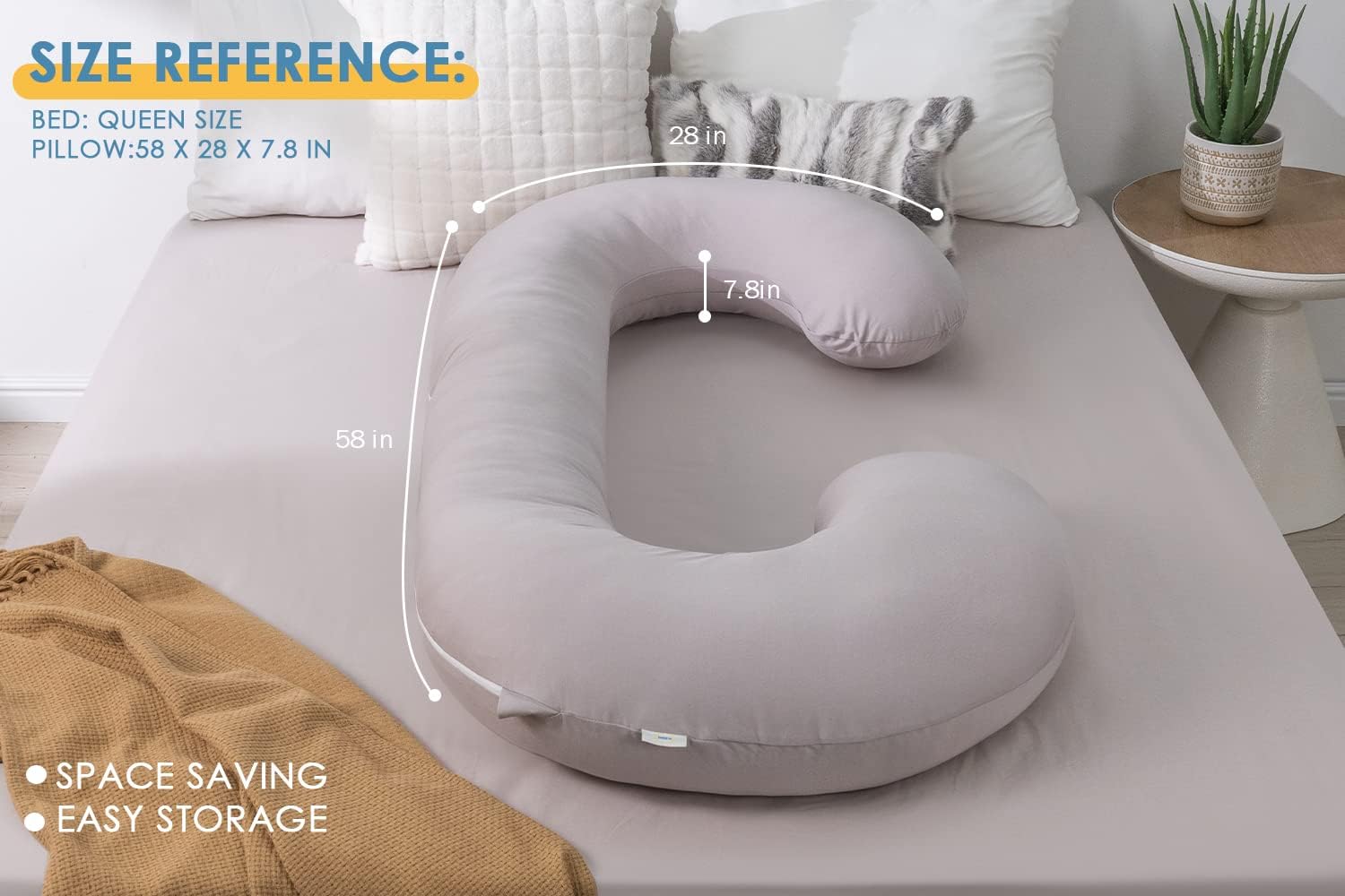 INSEN Cooling Pregnancy Pillow, Maternity Pillow with Tencel Cover, C Shaped for Pregnant and Side Sleeping, Sliver Gray
