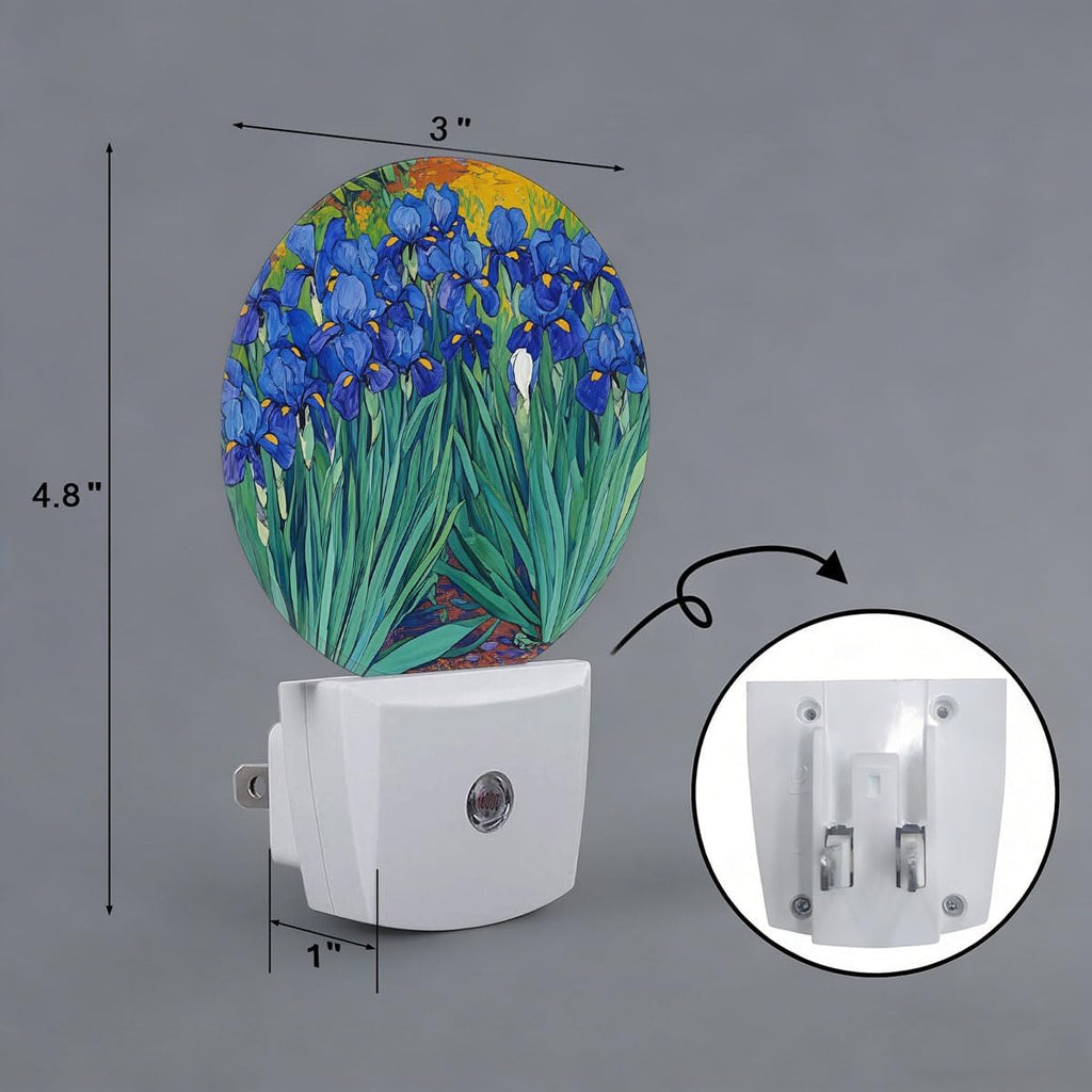 Blue Flower Oil Painting Night Light Plug Into Wall Auto Led Sleep Round Lamp for Living Room Hallway Stairs