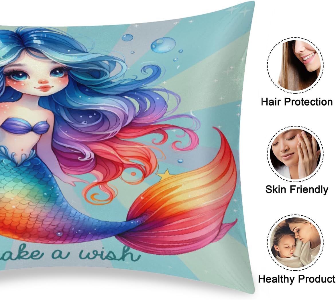 Satin Pillowcase for Hair and Skin Rainbow Mermaid Girls Soft Silk Pillow Case with Envelope Closure Cooling Pillow Cases Slip King Size…
