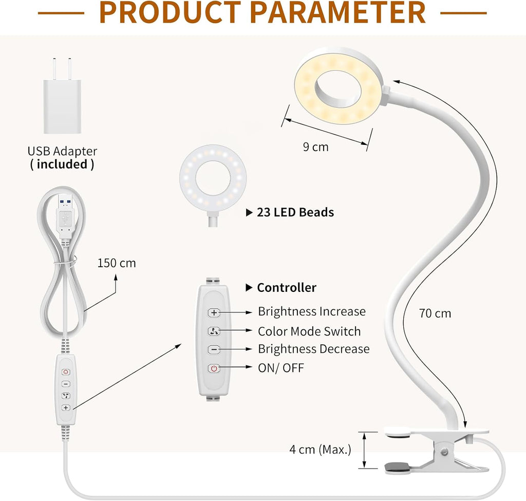 iZell Book Light, Clip on Reading Light with Silicone Flexible Arm, Dimmable LED Lamparas Clamp on Workbench Desk for Studying Painting Cra…