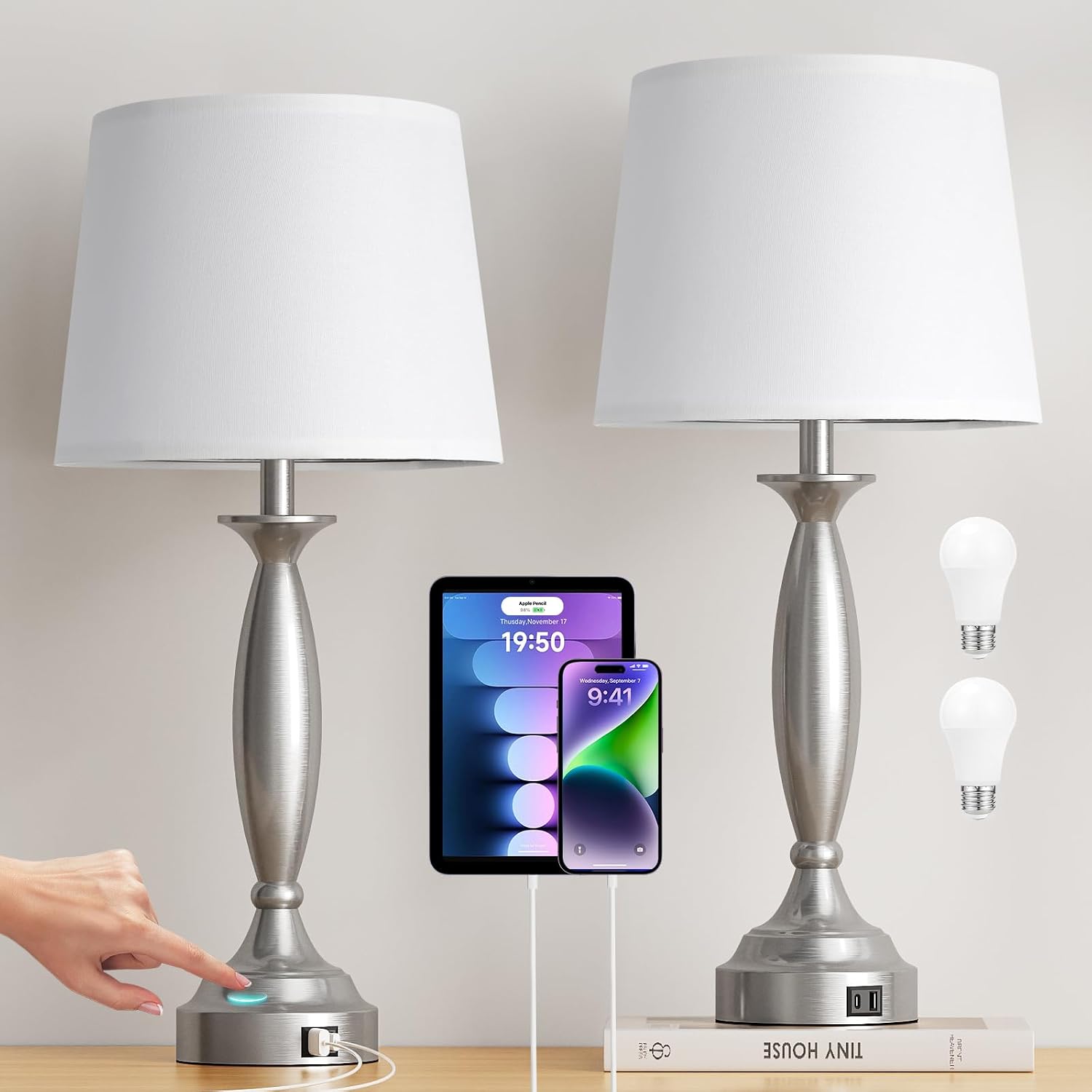Seealle 25.5" White Lamps for Bedrooms Set of 2 - Touch Control Bedside Lamp with USB C+A, 3 Way Dimmable Nightstand Lamps with USB Port…