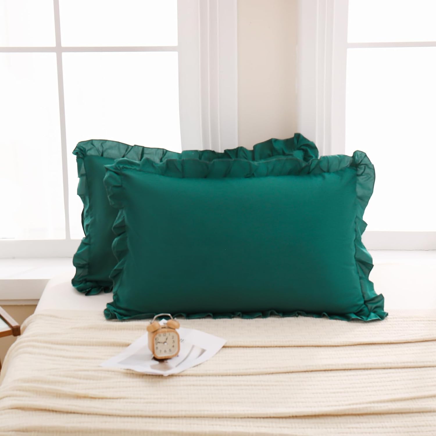 Merryword Dark Green Pillow Shams Green King Pillowcases Cute Pillow Cover Set of 2 Soft Shabby Chic Ruffled Pillowcases 2 Pack (King (20''…