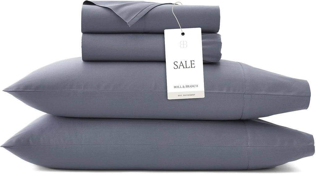 BollBranch BOLL & BRANCH Percale Hemmed Sheet Set - Cooling Breathable Bed Sheets for Hot Sleepers - Split King, Mineral - Luxury 100% Orga…