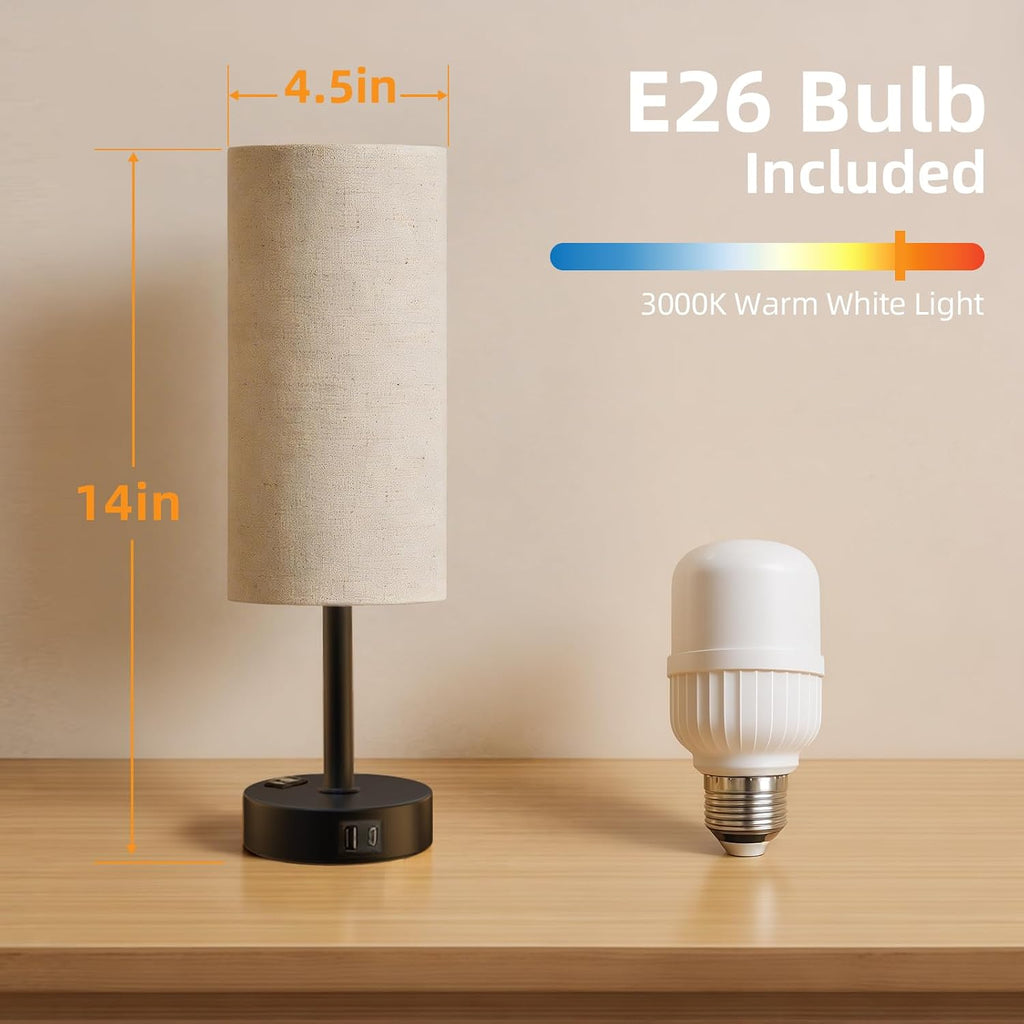Fitfull Table Lamp for Nightstand, High-Sensitivity Touch, 3-Level Dimmable Bedside Lamp with AC Outlet | USB | and USB-C, Ideal Nig…