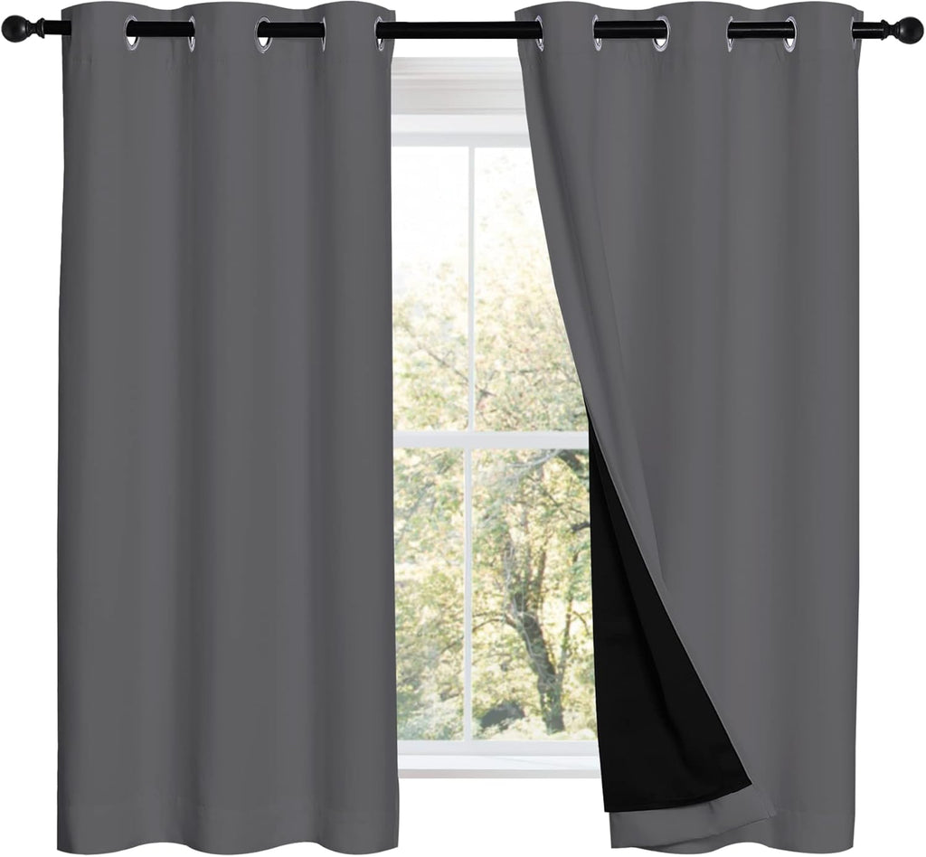 Nicetown Grey 100% Blackout Curtains 2 Panels with Black Liners, Thermal Insulated Full Blackout 2-Layer Lined Drapes, Noise Cancellation W…