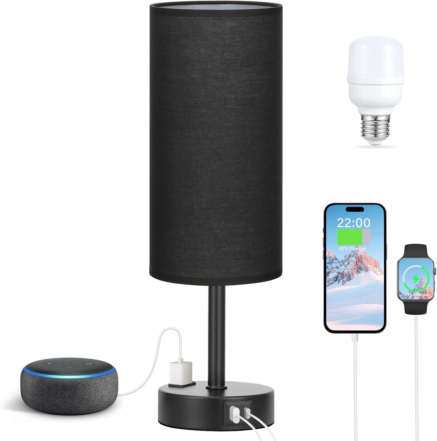 Fenmzee Black Bedroom Lamp for Nightstand - 3 Way Dimmable Bedside Lamp USB C A Charging Ports and AC Outlet, Small Table Lamp Black Base…