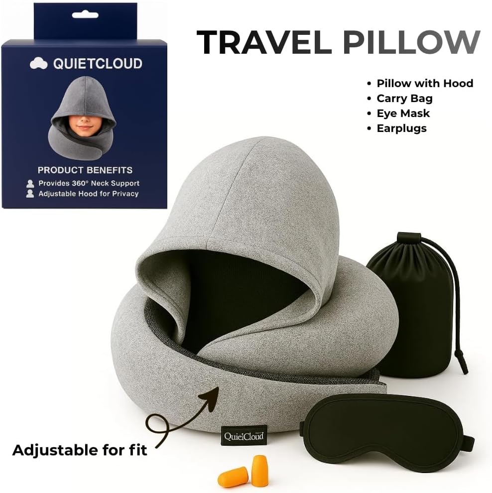 Travel Neck Pillow Hooded Memory Foam 360° Head & Chin Support, Lightweight Breathable Adjustable Fit Travel Neck Pillow with Eye Mask…