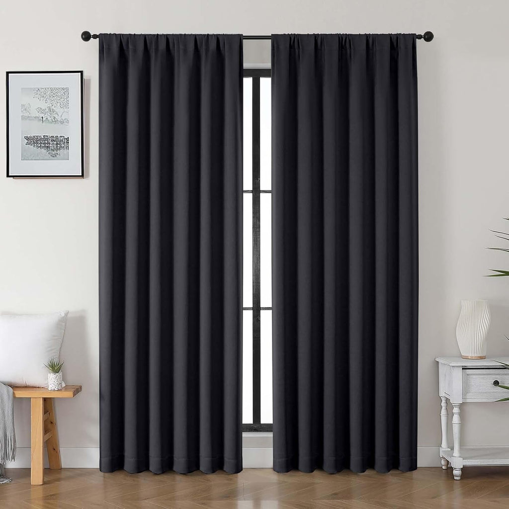 Gwine Black Blackout Curtains for Bedroom 84 inches Long 2 Panels Set, Solid Noise Reducing Thermal Insulated Blackout Curtains for…