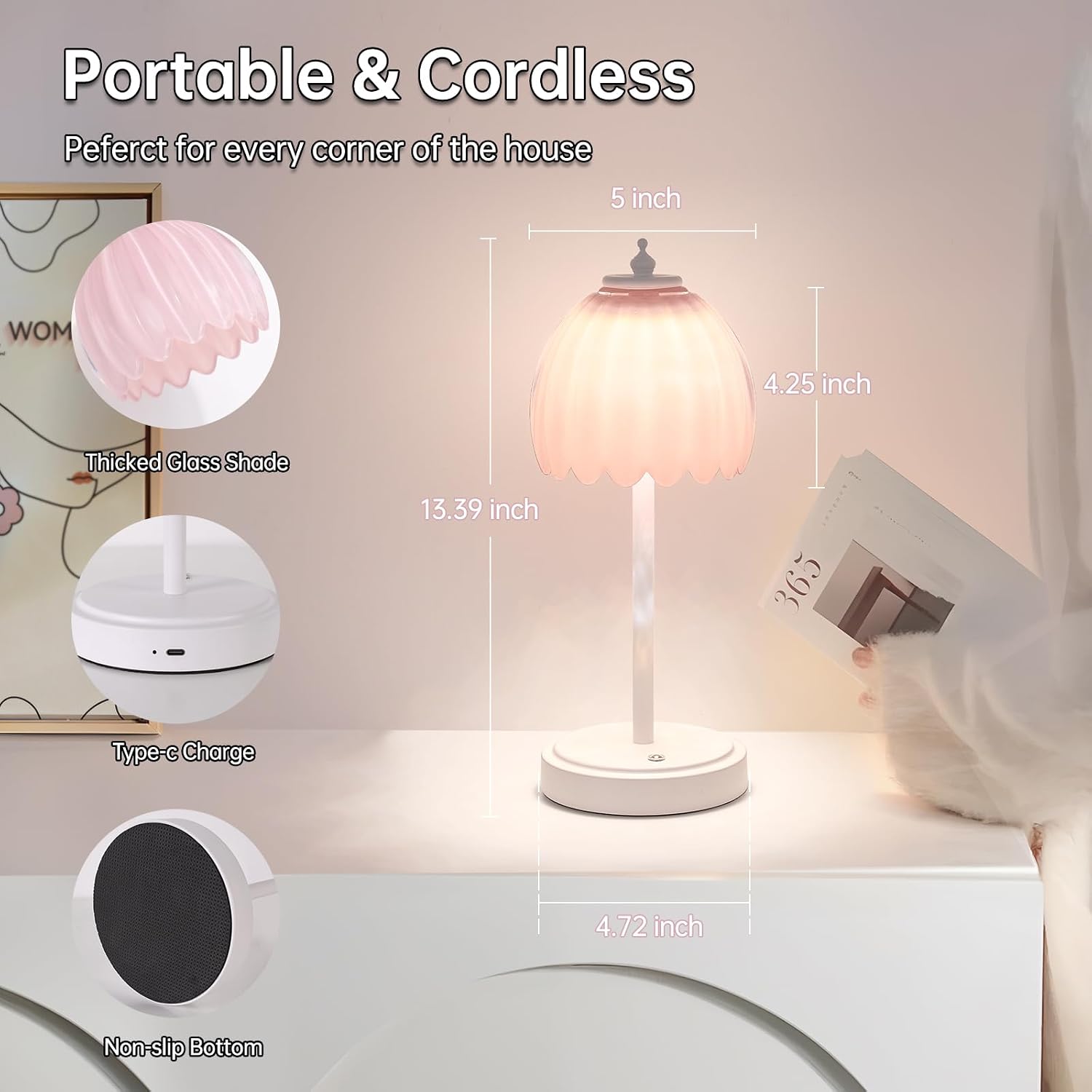 Shenmoyl Rechargeable Table Lamp with 5200mAh Battery & Touch Control - 3 Adjustable Color Temperatures, Cordless Dimmable Table Light…