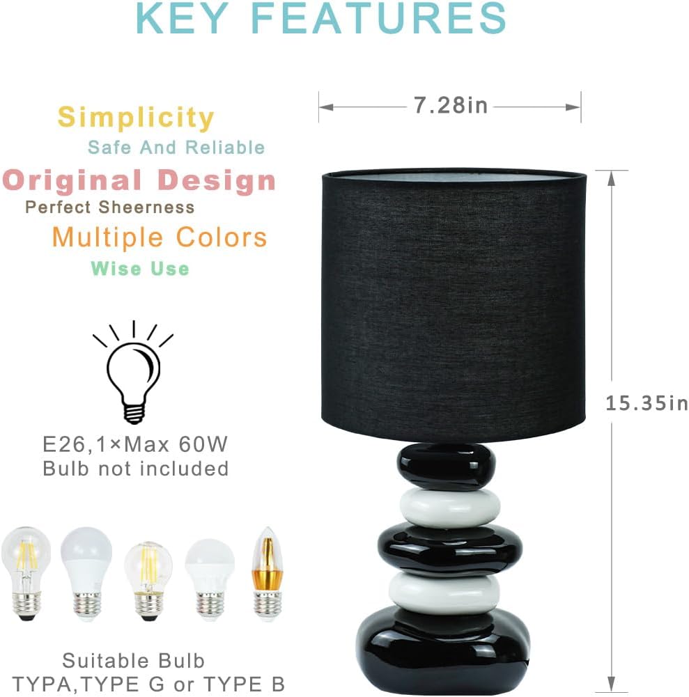 Stoney Black Ceramic Table Lamp for Living Room as Modern Kids Night Bedside Table Lamp for Bedroom, Φ7.09×H13.58IN, Bulb Excluded