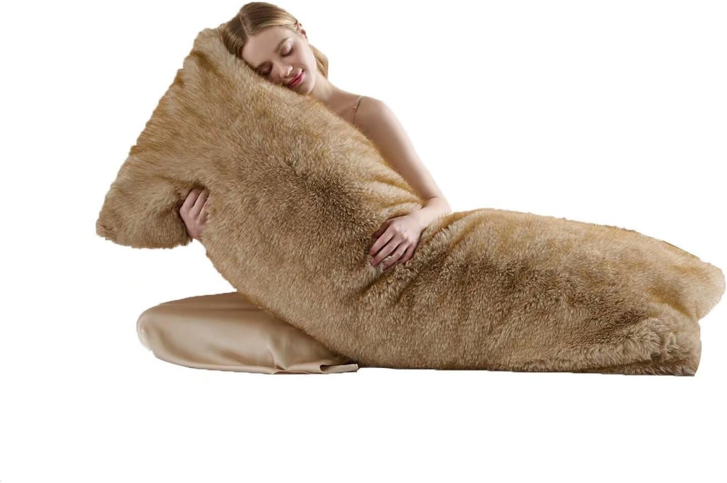 HKMR Shaggy Faux Fur Body Pillow Cover(No Filling), Fluffy Fox Golden with Brown Tipped Plush Body Pillowcase with Zipper,20x54 inch…