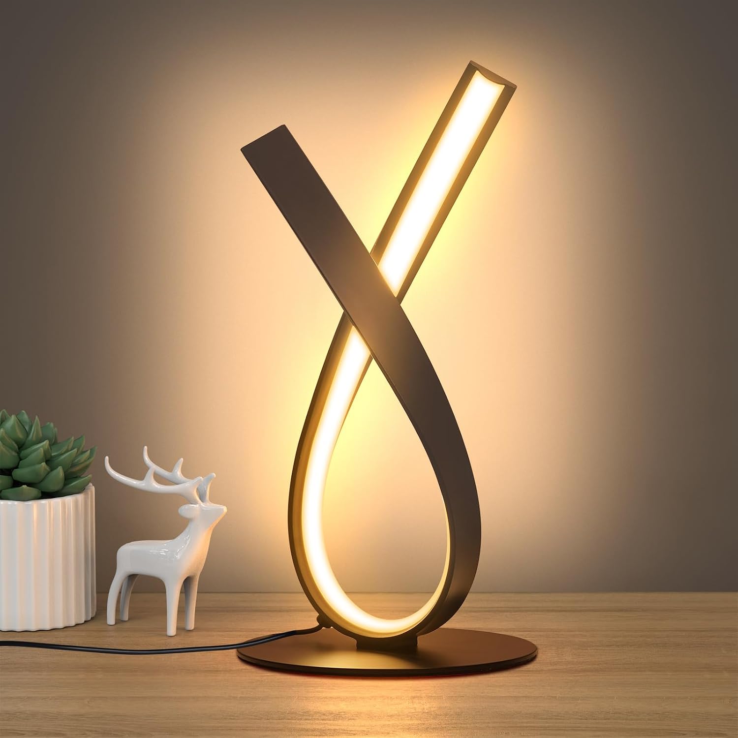 NUÜR Modern Table Lamp, Stepless Dimmable LED Spiral Lamp for Living Room, Contemporary Nightstand Lamp, Black Bedside Table Lamp for…