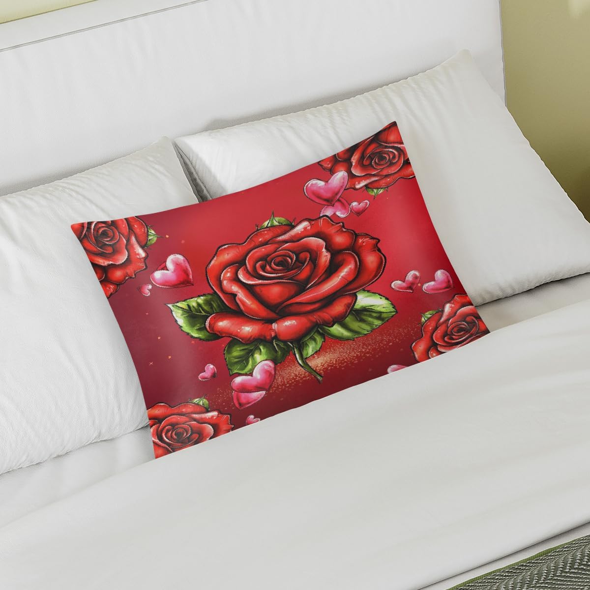Valentine Red Roses Satin Silk Pillowcase for Hair & Skin Pillow Cases Standard Size Soft Silk Pillow Case with Envelope Closure Satin…