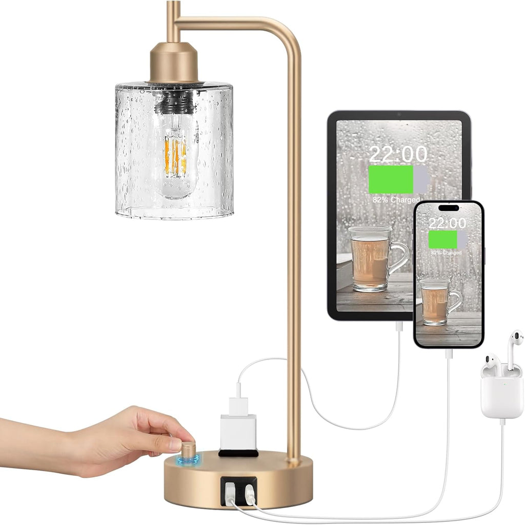 Innqoo Champagne Gold Industrial Bedside Table Lamp for Bedroom - Nightstand Lamps with USB C Charging Port, Fully Dimmable Black Ports…