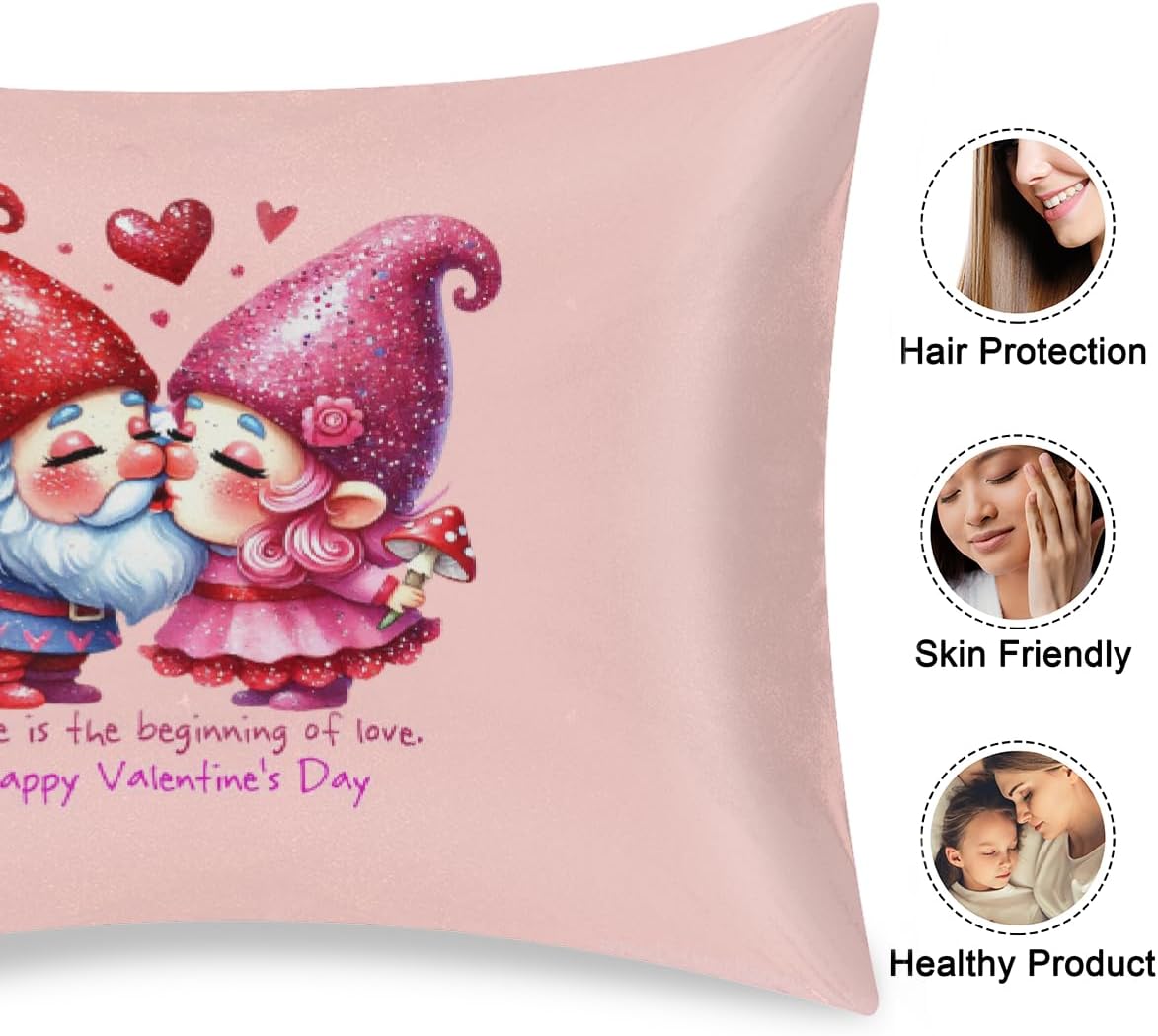 Valentine Gnomes Couple Love Satin Silk Pillowcase for Hair & Skin Pillow Cases Standard Size Soft Silk Pillow Case with Envelope Closure…