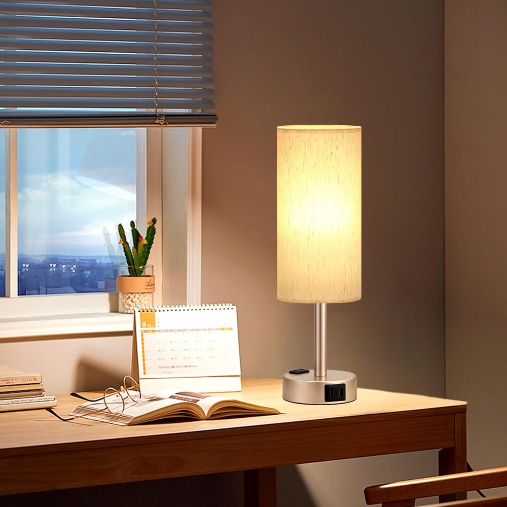 Fenmzee Bedside Table Lamp for Bedroom - 3 Way Dimmable Touch Lamp USB C Charging Ports and AC Outlet, Small Lamp Gold Base Round Flaxen…