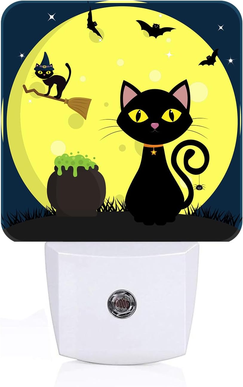 Happy Halloween Cat Night Light, Plug Into Wall with Dusk to Dawn Light Sensors, Warm Nightlights for Bedroom, Bathroom, Hallway, Kitchen…