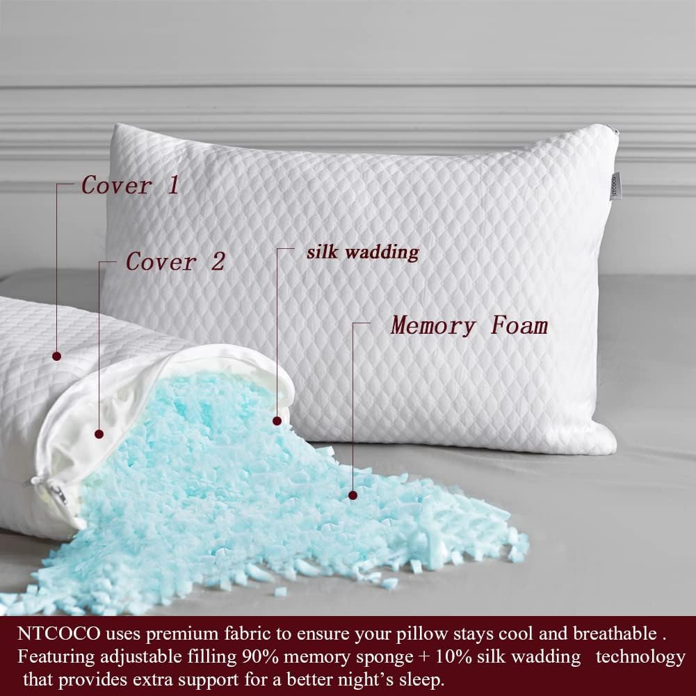 NTCOCO Shredded Memory Foam Bed Pillows for Sleeping King Size of 1, with Washable Removable Hypoallergenic Sleep Pillow for Back and…